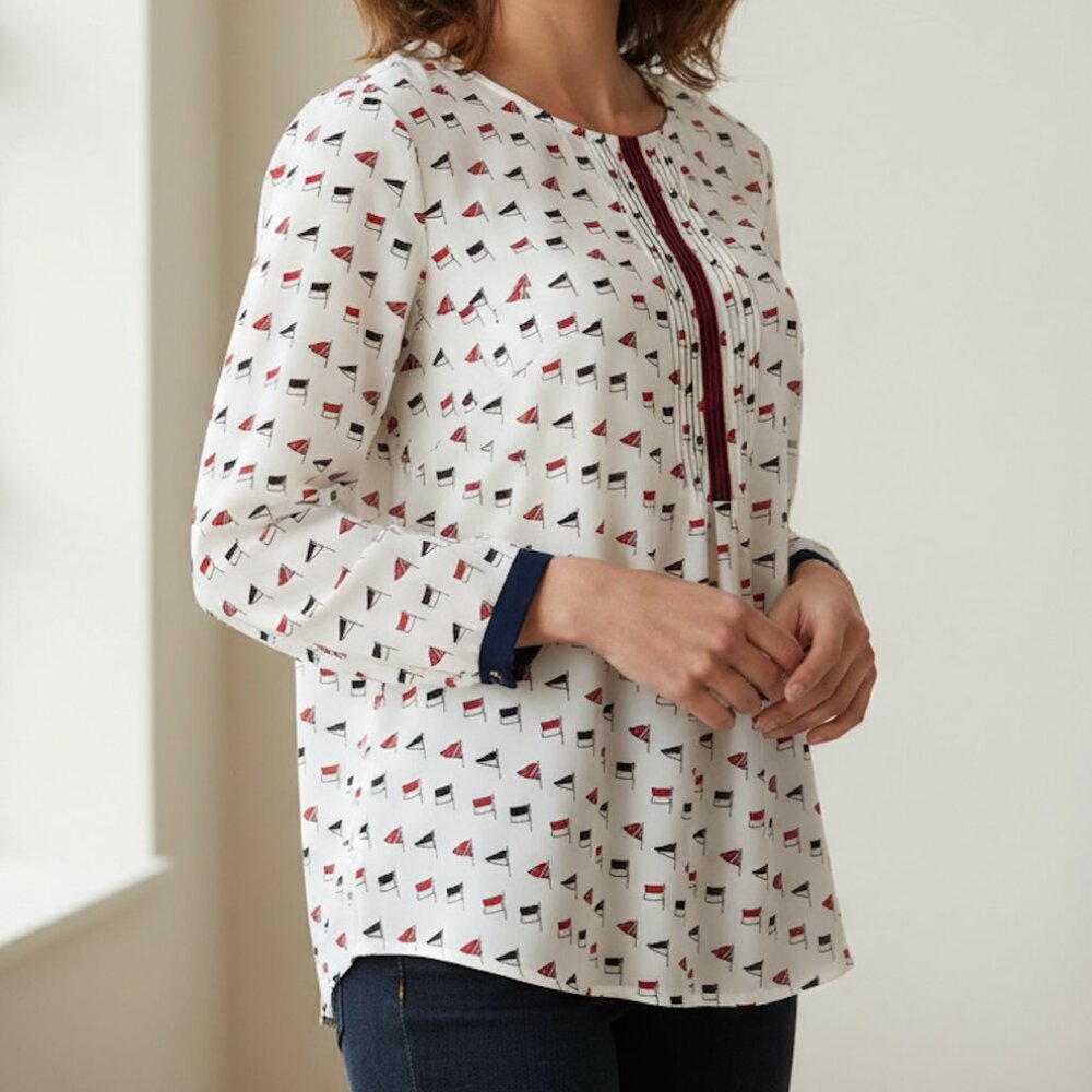 Talbots Sz 12 Red White Blue‎ Nautical Flag Long Sleeve Blouse Shirt Top Sailing